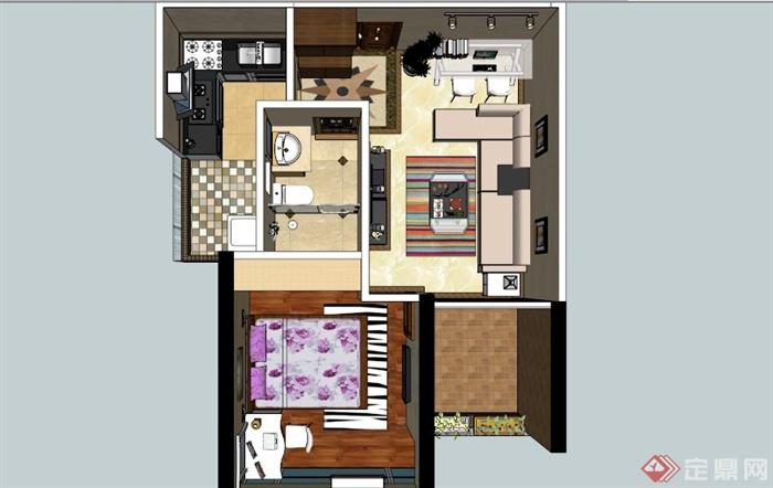 现代简约一居室室内设计SU模型(2)