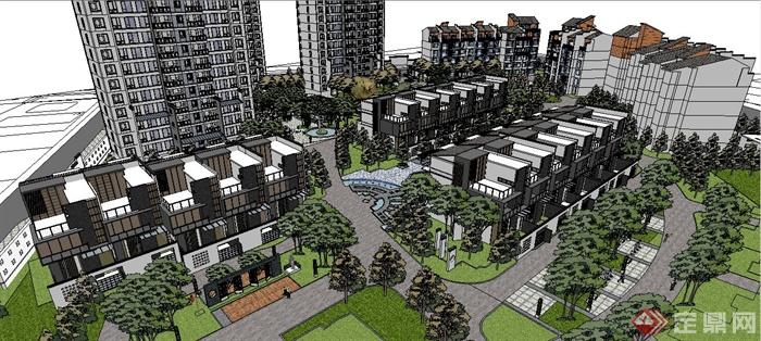 现代中式综合居住小区建筑设计su模型(1)