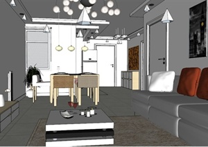 现代住宅空间餐厅客厅设计SU(草图大师)模型