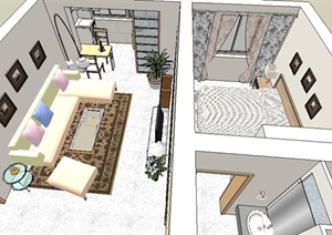 现代风格住宅客厅、卧室、卫生间室内设计SU(草图大师)模型