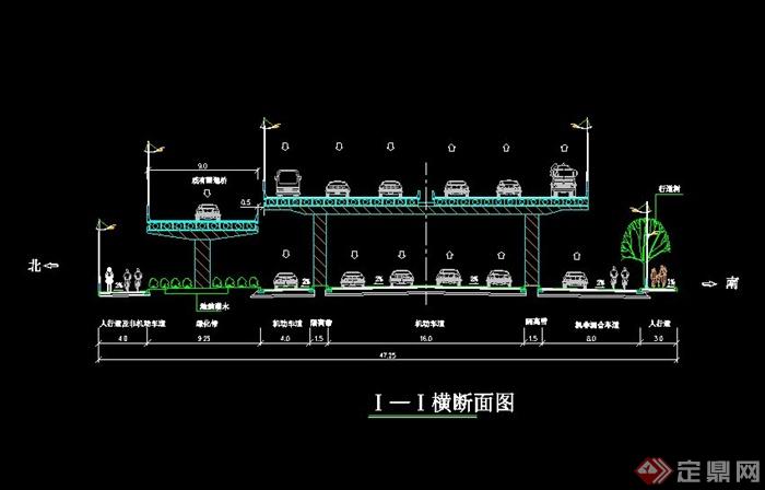 of the elevated road map] 高架道路的綠化cad橫斷面圖,該設計風格為