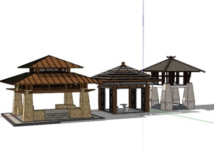 现代中式风格三个不同造型凉亭设计SU(草图大师)模型