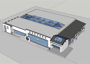 单层新中式体育馆建筑设计SU(草图大师)模型附带CAD平面图