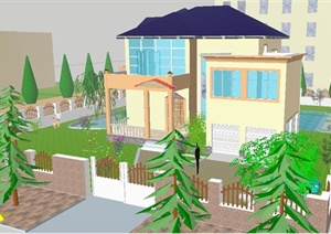 现代简约别墅建筑及庭院景观设计SU(草图大师)模型