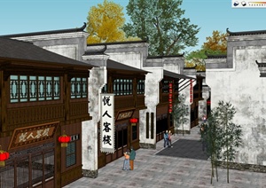 古镇小城旅游区的商业古街建筑SU(草图大师)模型