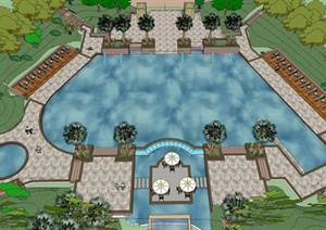 某现代风格住宅中庭游泳池景观设计SU(草图大师)模型