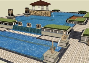 欧式风格露天泳池景观组合SU(草图大师)模型