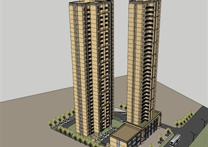 现代两栋高层住宅楼设计SU(草图大师)模型
