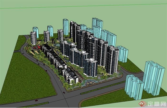 某现代风格完整的住宅小区规划设计su模型(2)