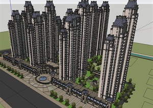 新古典风格高层住宅小区建筑SU(草图大师)模型