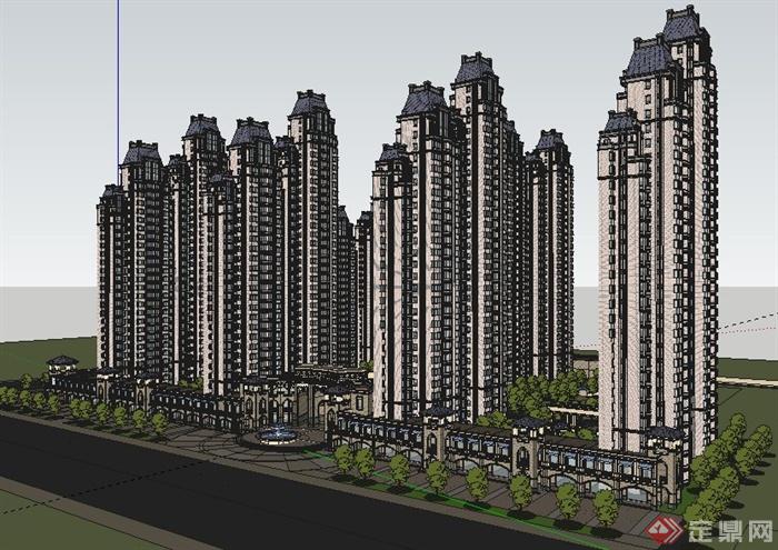 新古典风格高层住宅小区建筑su模型(2)
