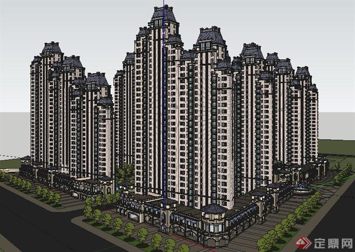 新古典风格高层住宅小区建筑su模型(3)