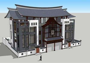 新中式对称别墅住宅建筑设计SU(草图大师)模型
