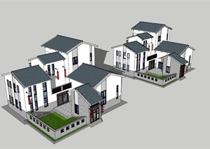 两栋中式别墅建筑设计suSU(草图大师)模型