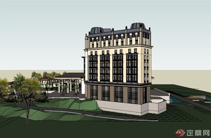 西式风格多层酒店建筑Sketchup草图大师模型(4)