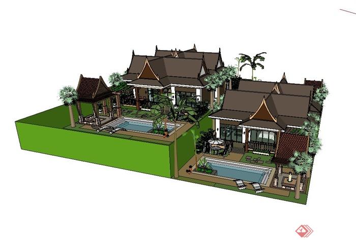 东南亚风格的度假别墅建筑设计su模型(2)