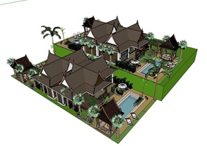 东南亚风格的度假别墅建筑设计SU(草图大师)模型