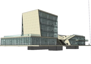 多层现代玻璃图书馆建筑SU(草图大师)模型