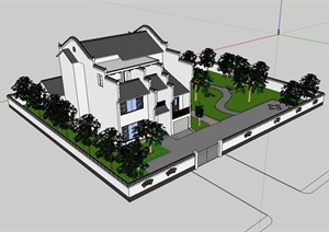 徽派独栋别墅住宅建筑设计SU(草图大师)模型含庭院
