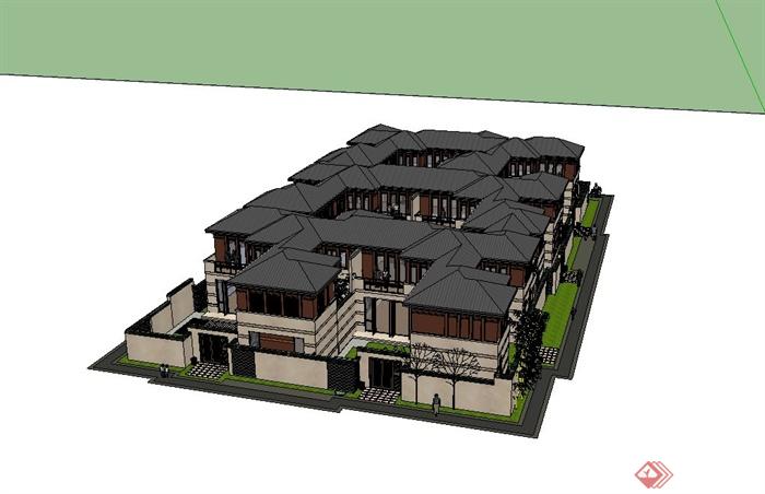 新古典风格合院式住宅建筑设计su模型(2)