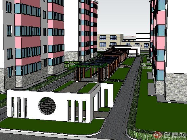 中式风格住宅区楼间景观设计su模型(2)
