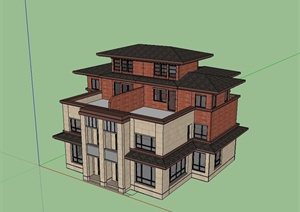 美式双拼别墅住宅建筑设计SU(草图大师)模型