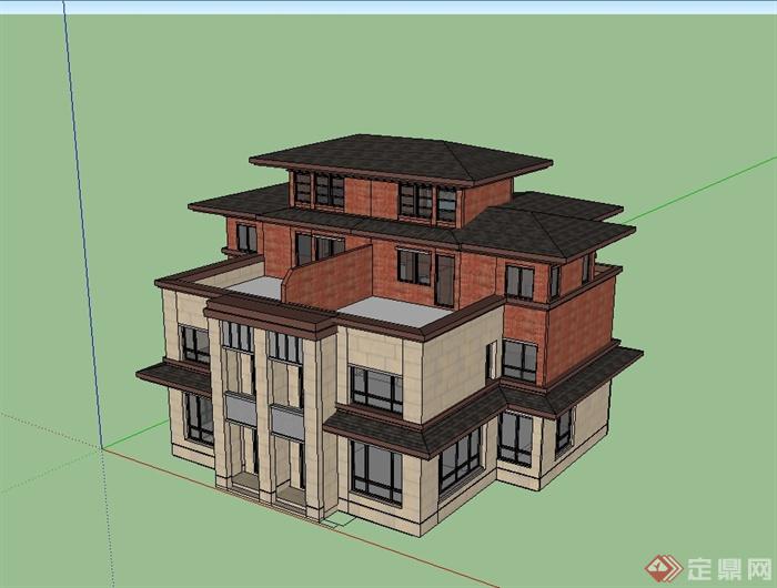 美式双拼别墅住宅建筑设计su模型(1)