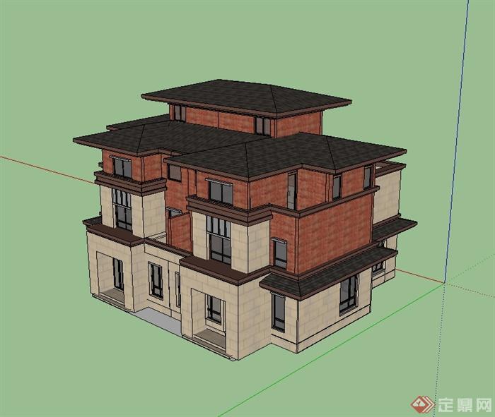美式双拼别墅住宅建筑设计su模型(2)