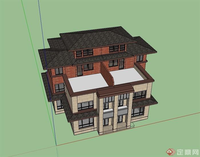 美式双拼别墅住宅建筑设计su模型(3)