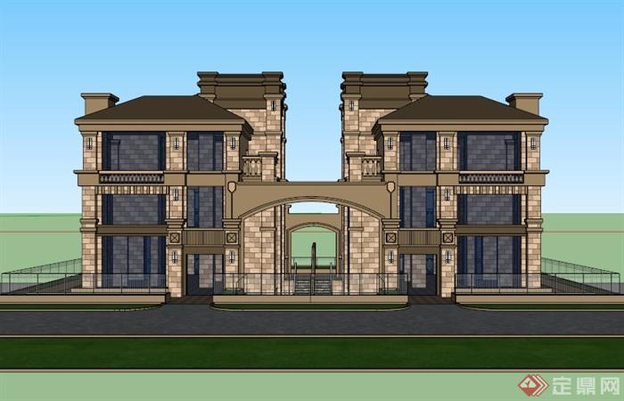 欧式双拼别墅建筑设计SU模型素材(3)