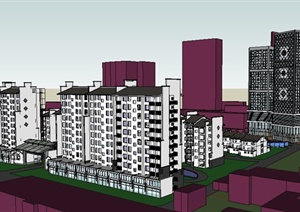 现代中式住宅小区及商务中心建筑SU(草图大师)模型