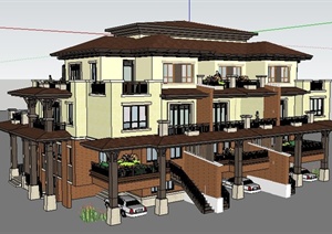 新古典三拼别墅住宅建筑SU(草图大师)模型