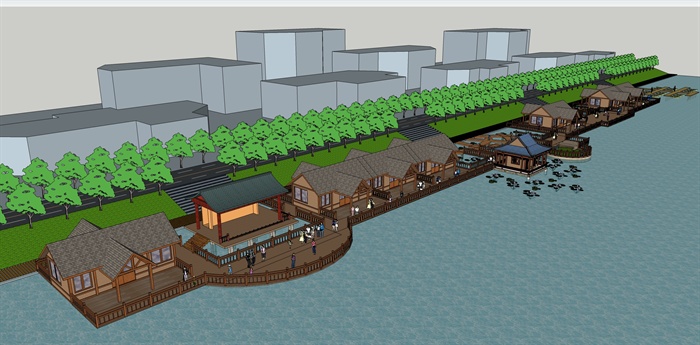 某县临水驳岸旅游建筑设计su模型