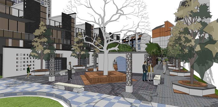 新中式住宅小区景观设计su模型