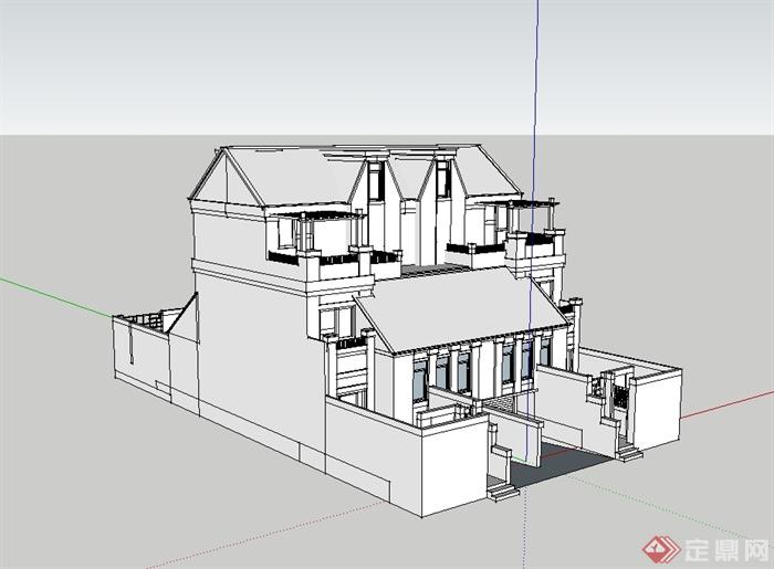 无材质贴图双拼别墅建筑设计su模型(3)