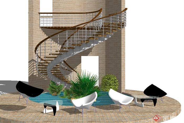 水池、楼梯景观组合su模型(1)