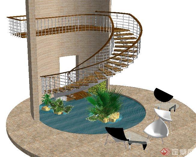 水池、楼梯景观组合su模型(2)