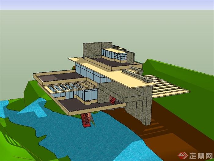 现代风格流水别墅建筑设计su模型(2)