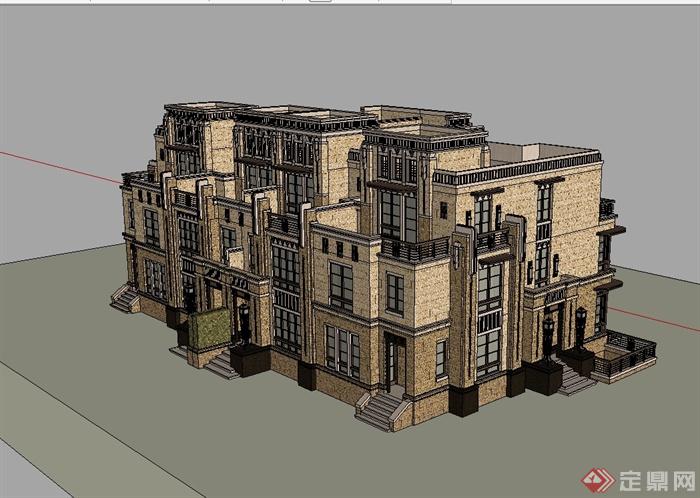新古典风格联排别墅建筑楼设计su模型(1)