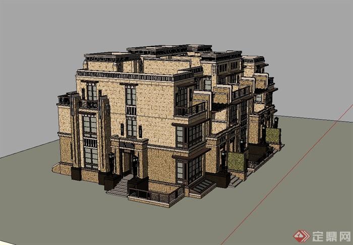 新古典风格联排别墅建筑楼设计su模型(2)