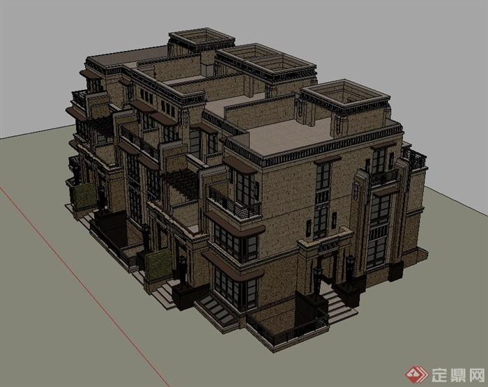 新古典风格联排别墅建筑楼设计su模型(3)