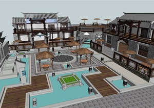 中式酒楼建筑及庭院景观SU(草图大师)模型
