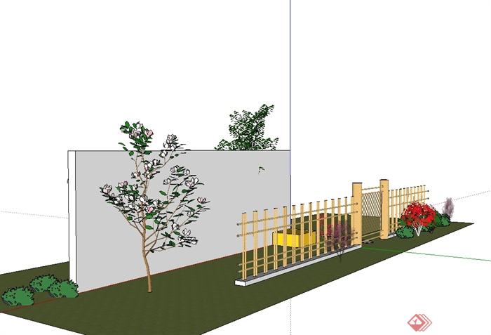 现代风格栅栏、景墙、花卉植物组合设计su模型(2)