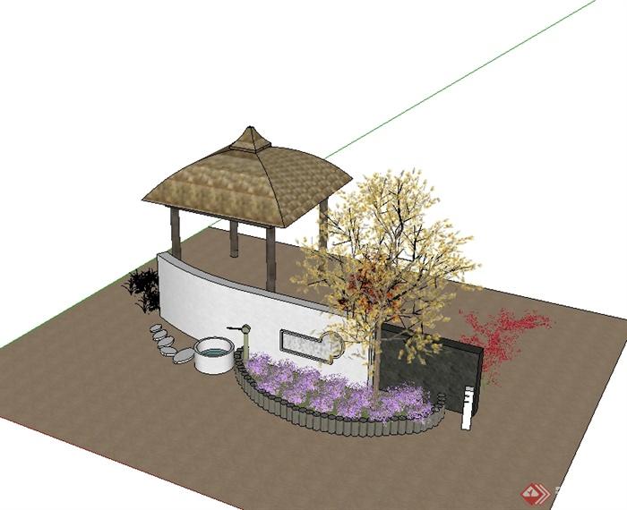现代风格景墙、花池、凉亭组合设计su模型(1)