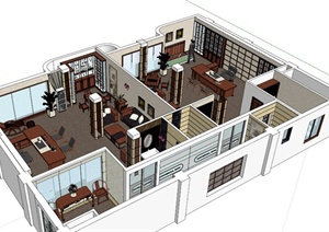 现代中式室内办公室设计SU(草图大师)模型