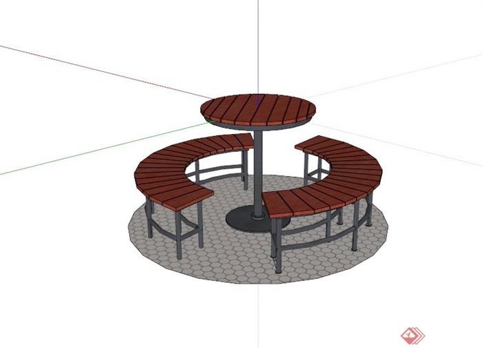 现代户外木制圆形桌凳组合SU模型(1)