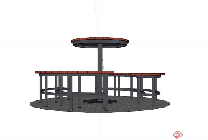 现代户外木制圆形桌凳组合SU模型(3)