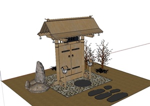 某现代中式风格庭院入口门设计SU(草图大师)模型