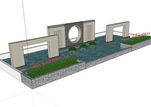 现代中式水池镂空景墙设计SU(草图大师)模型
