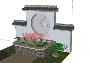 现代中式文化景墙设计SU(草图大师)模型素材